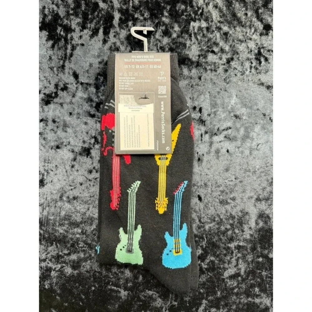 Perri's Socks Men's Electric Guitar Crew Socks Black Multicolor 7-12 NWT